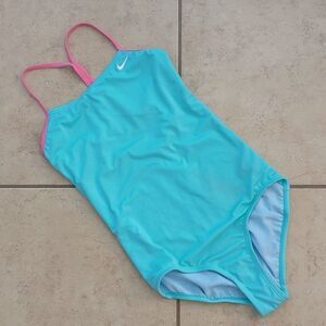 Nike Girls Blue Pink Trim Racerback One Piece Swimsuit - Size XL